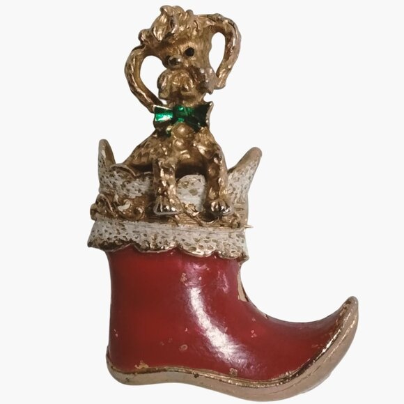 Poodle Boot Pin Brooch Dog Puppy Vintage Christmas Holiday Jewelry - Picture 1 of 5